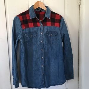 Denim and buffalo plaid flannel shirt
